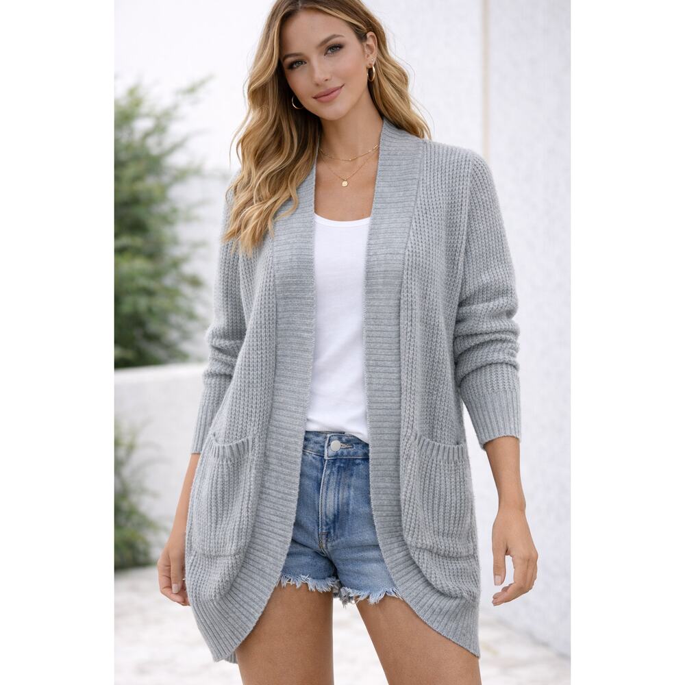 ZESICA Women’s Gray Knit Open Front Cardigan Sweater Size M Pockets